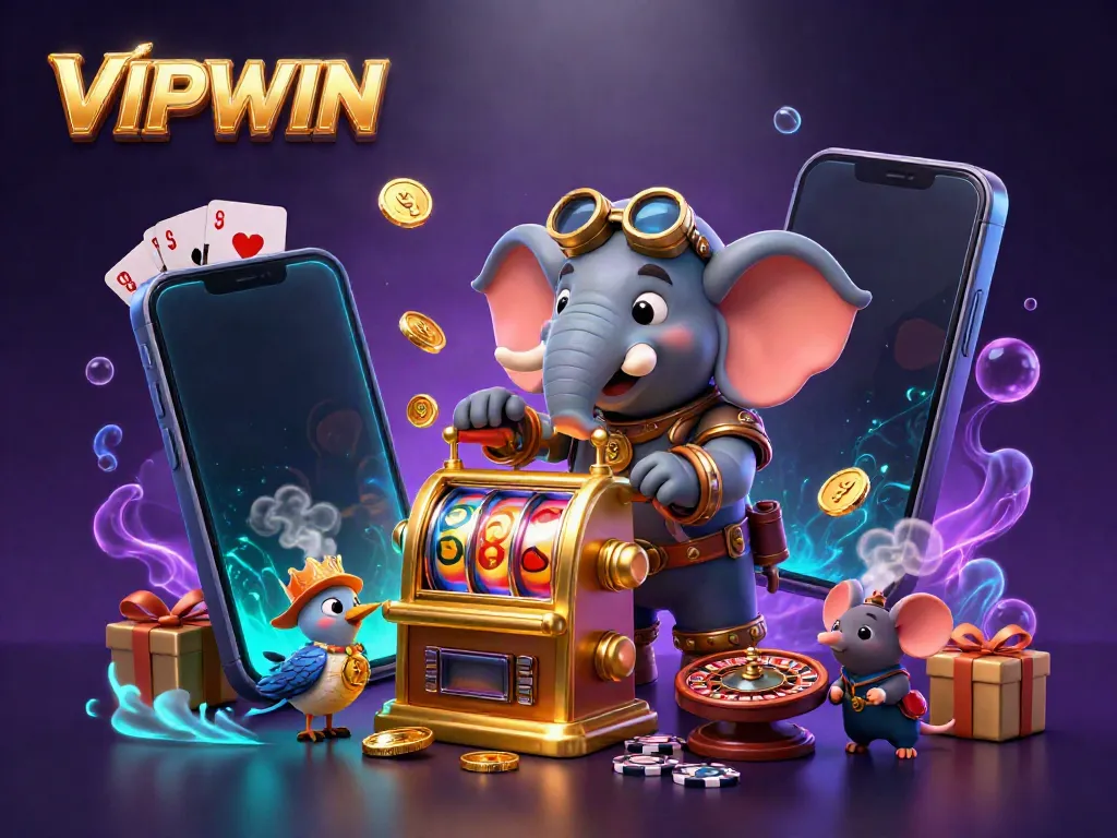 Spin the golden slot machine at VIPWIN with the steampunk elephant engineer and enjoy the dynamic casino scene.