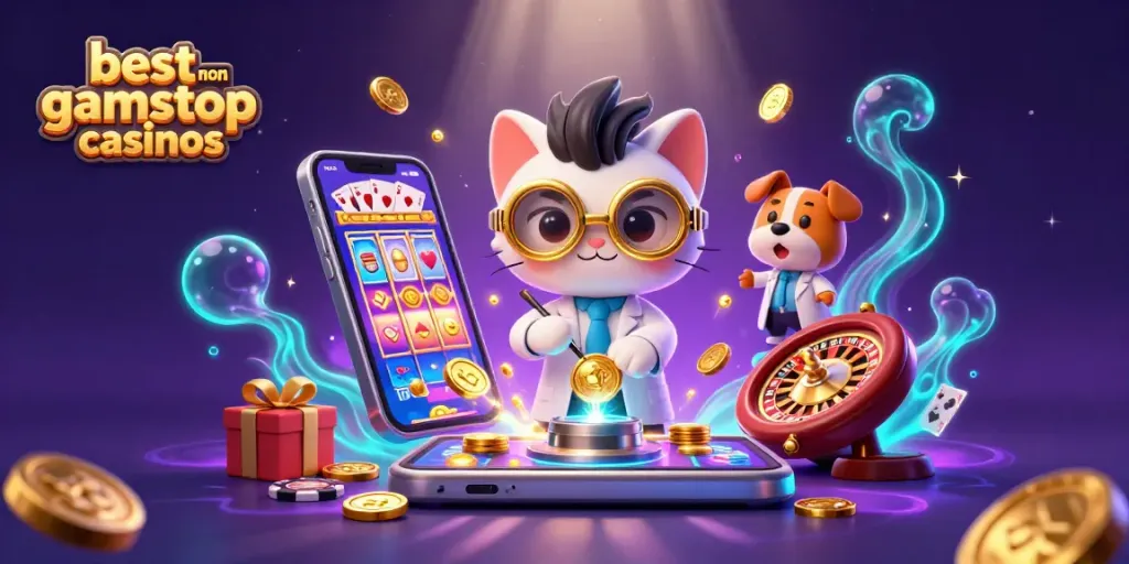 Spin the reels at the best non gamstop casinos with a dynamic scene of playful characters and exciting game elements.