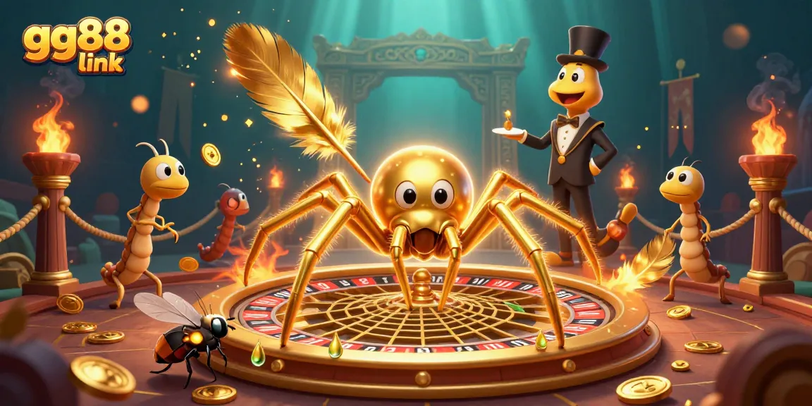 Experience thrilling bets with the gg88 link at this immersive 3D casino scene featuring a golden spider and centipede croupier.