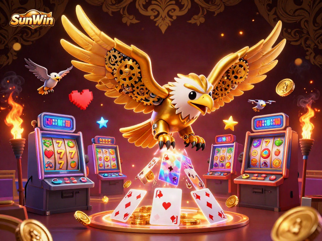Experience thrills at SunWin with a dynamic 3D gaming illustration featuring a golden eagle in action.