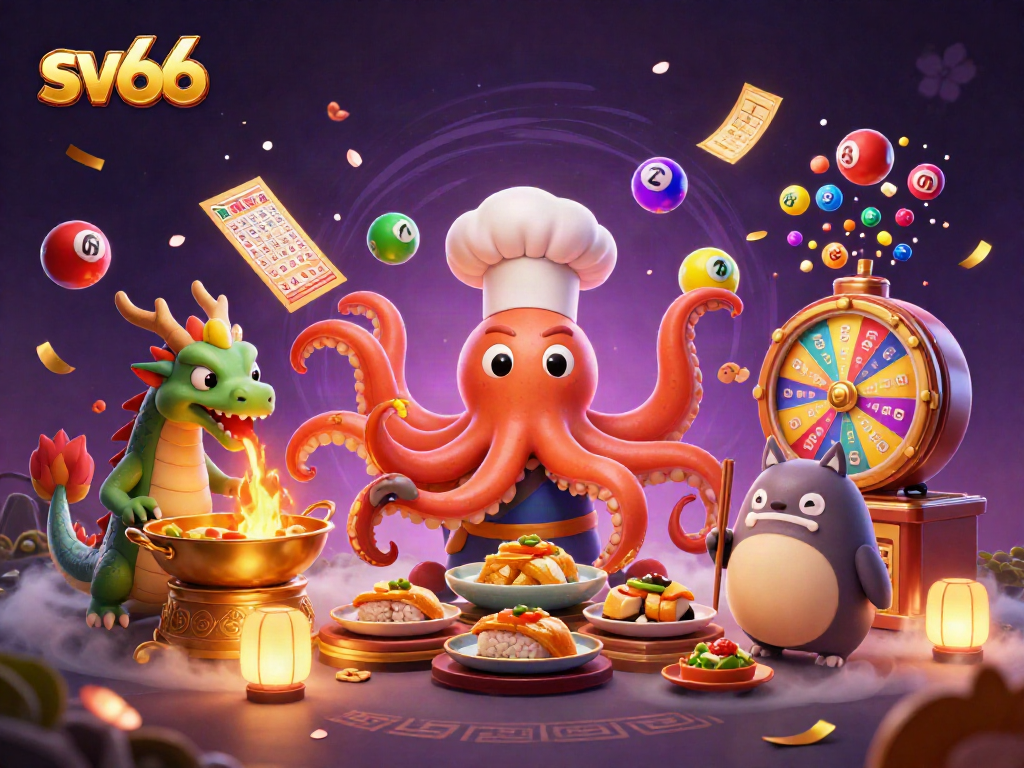 Engage with sv66's vibrant gambling scene featuring colorful lottery elements and unique characters.
