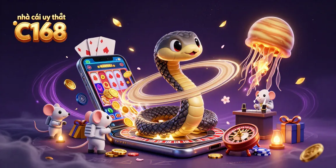 Engaging scene of nhà cái uy tín C168 featuring a Saturn ring snake as a roulette wheel, with online gaming elements.