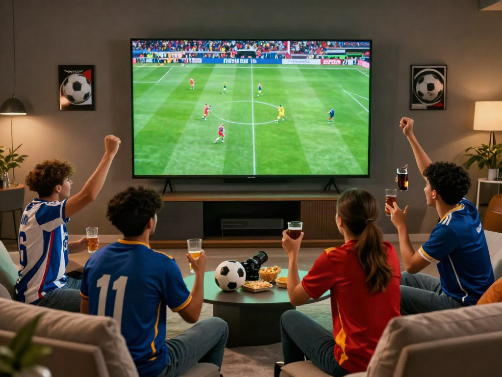 Socolive fans enjoying live soccer matches in a lively lounge atmosphere, celebrating with snacks and drinks.
