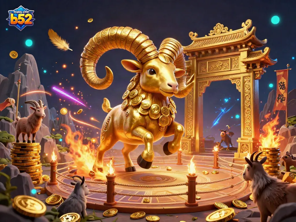 Experience the excitement of trang chủ b52 with a golden ram charging through a dynamic casino scene filled with vibrant energy and rich details.
