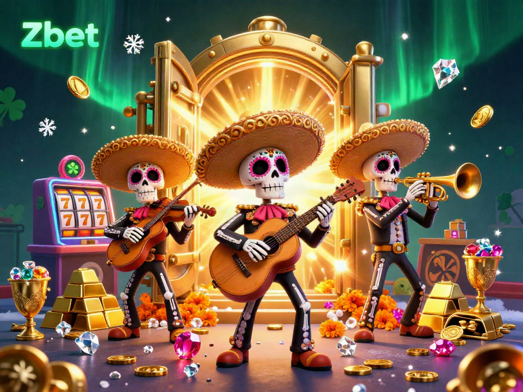 Zbet showcases a lively 3D mariachi band amidst treasures in an exhilarating casino illustration.