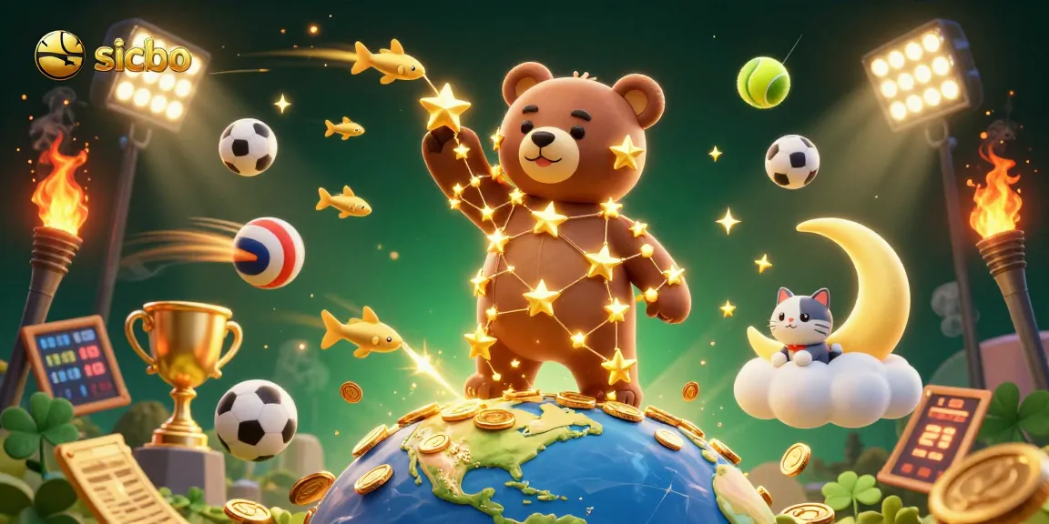 Engage in exciting sicbo gameplay as the constellation bear scoops coins amidst vibrant casino elements.