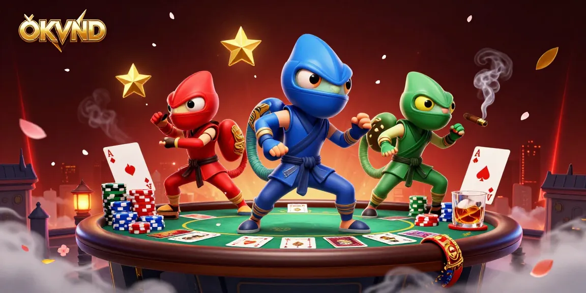 Engage in thrilling gameplay with OKVND’s vibrant casino scene showcasing ninja chameleons and poker elements.