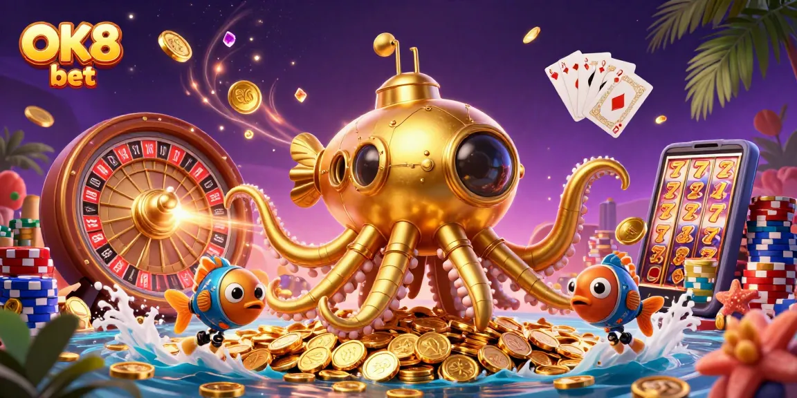 Engage with the OK8 bet experience in a vibrant 3D casino scene filled with gold coins and excitement.