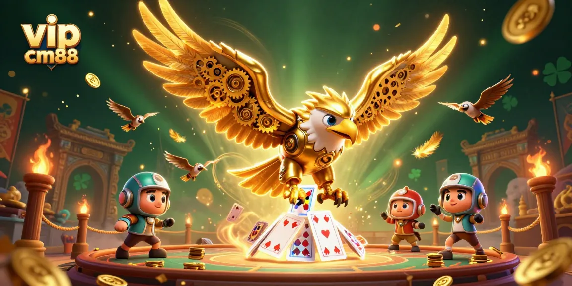 Experience thrilling action with vip cm88 in this dynamic 3D casino scene filled with holographic cards.
