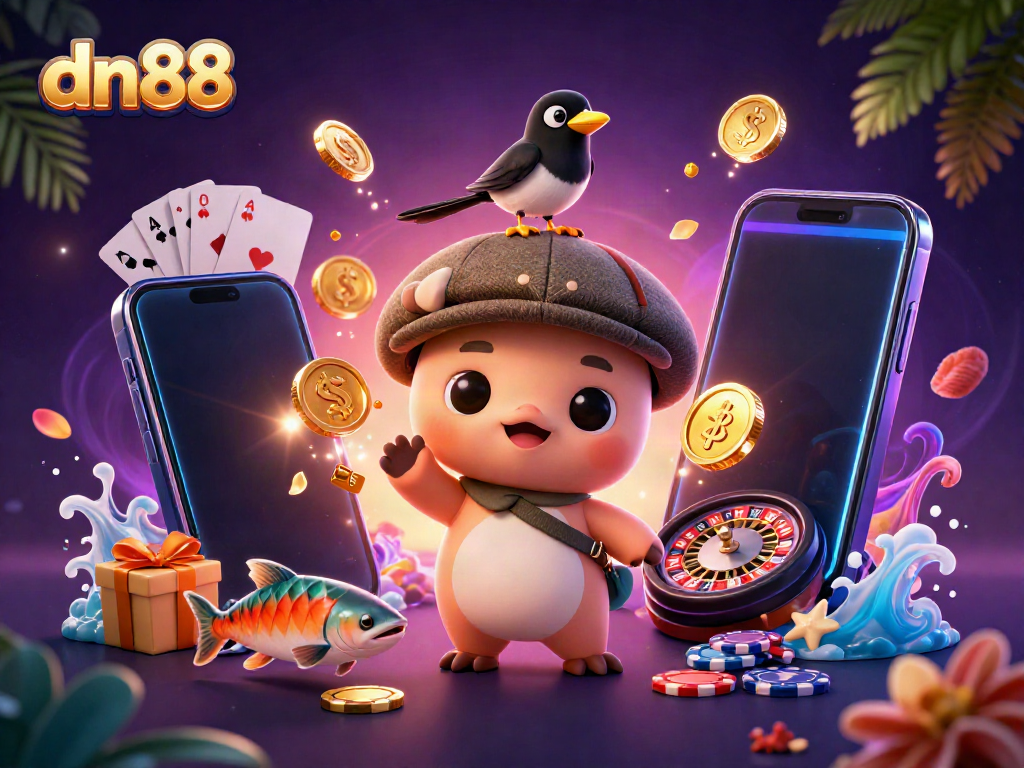 Engage with dn88's vibrant gaming experience featuring a playful Loch Ness monster and gold-obsessed magpie.