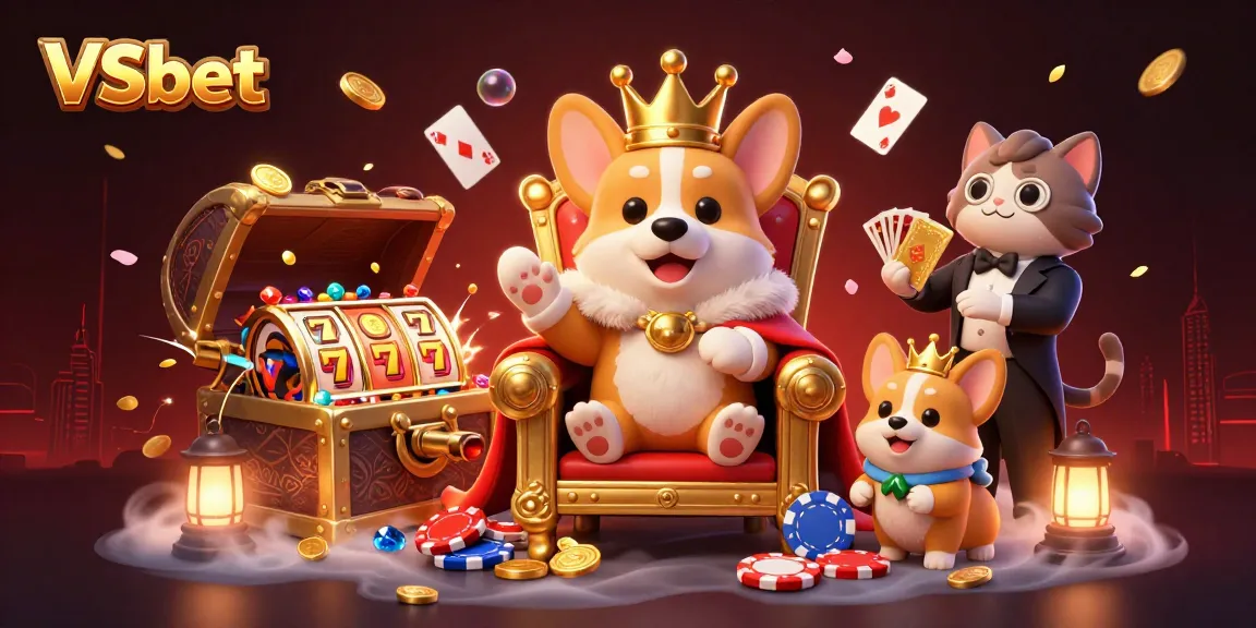 Experience exciting wins at VSbet with a vibrant 3D casino illustration of royal corgi characters.