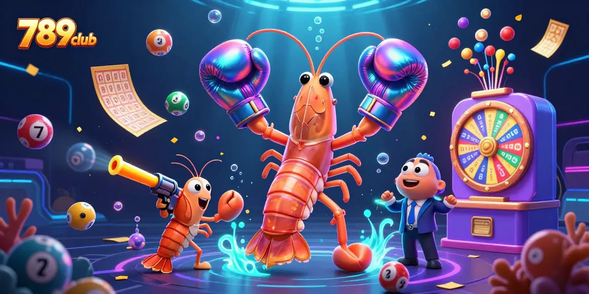 Engage in exciting gameplay at 789club with vibrant lottery elements and animated shrimp characters.