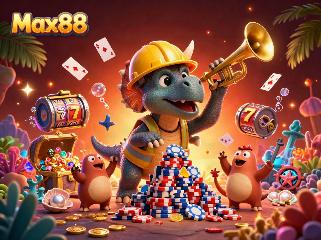 Max88 themed illustration with a cartoon triceratops building poker chip pyramids and slot elements.