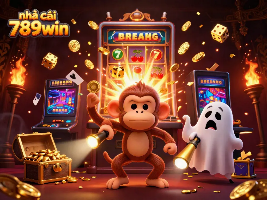 Engaging scene depicting nhà cái 789win with a playful ghost monkey and intrigued puppy in a vibrant casino