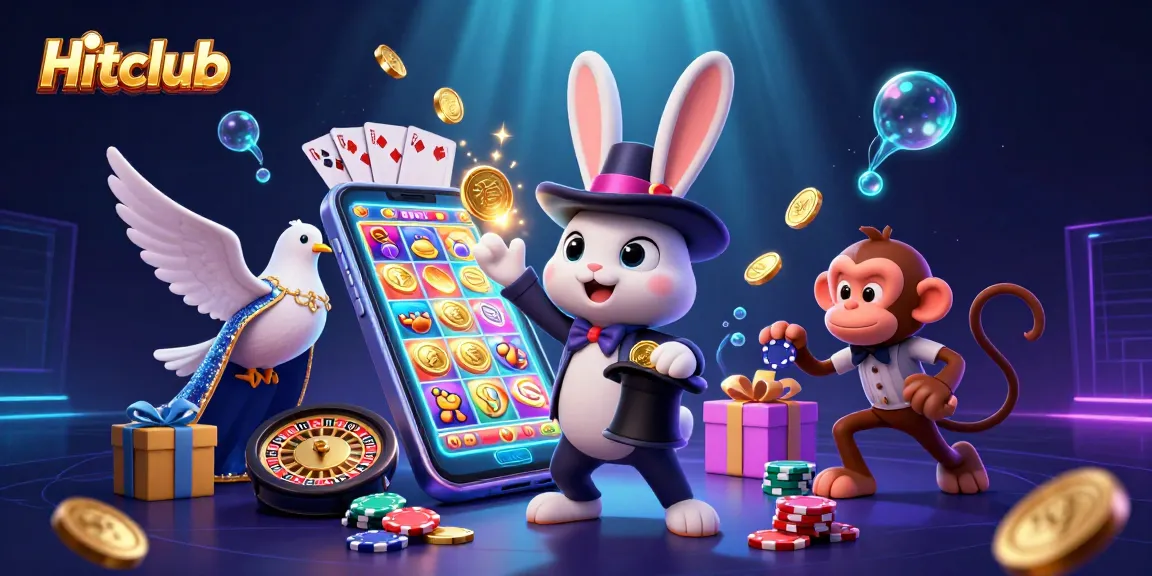 Experience the excitement of Hitclub with a vibrant 3D illustration showcasing a magician, dove, and monkey amidst casino elements.