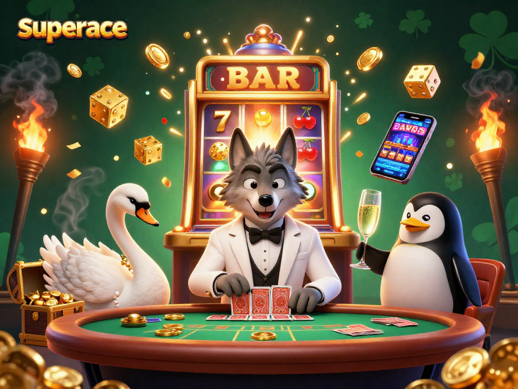 Engage in thrilling gameplay with superace as a wolf, swan, and penguin enjoy casino action.