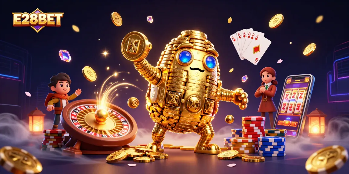 E28BET showcases a dynamic 3D casino scene with a golden golem, roulette, and sparkling gems.