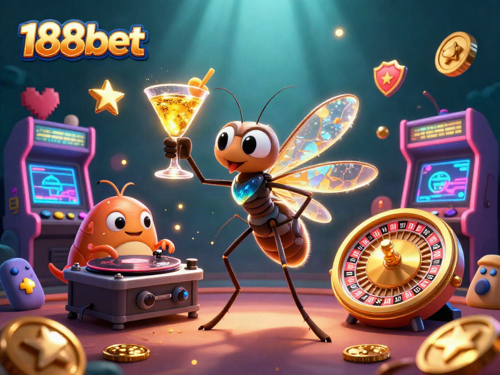 Engage in excitement at 188bet with a vibrant 3D casino scene featuring a unique mosquito mascot.