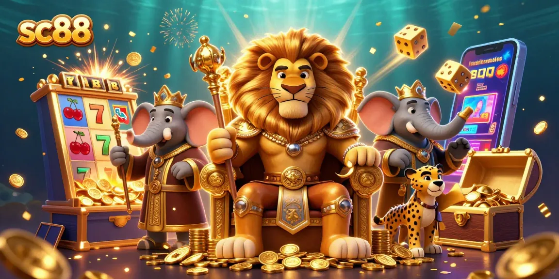 Experience thrilling wins with sc88 in this vibrant casino scene featuring a lion king and slot machine.