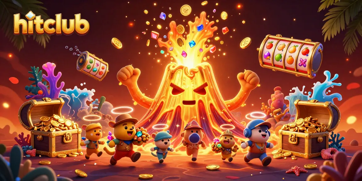 Engage with exciting hitclub slots as a golden volcano erupts in treasure, creating vibrant casino thrills.