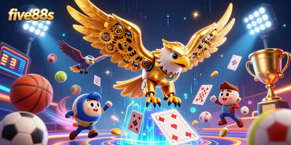 Experience the thrill of five88s with a cybernetic golden eagle diving through holographic playing cards.