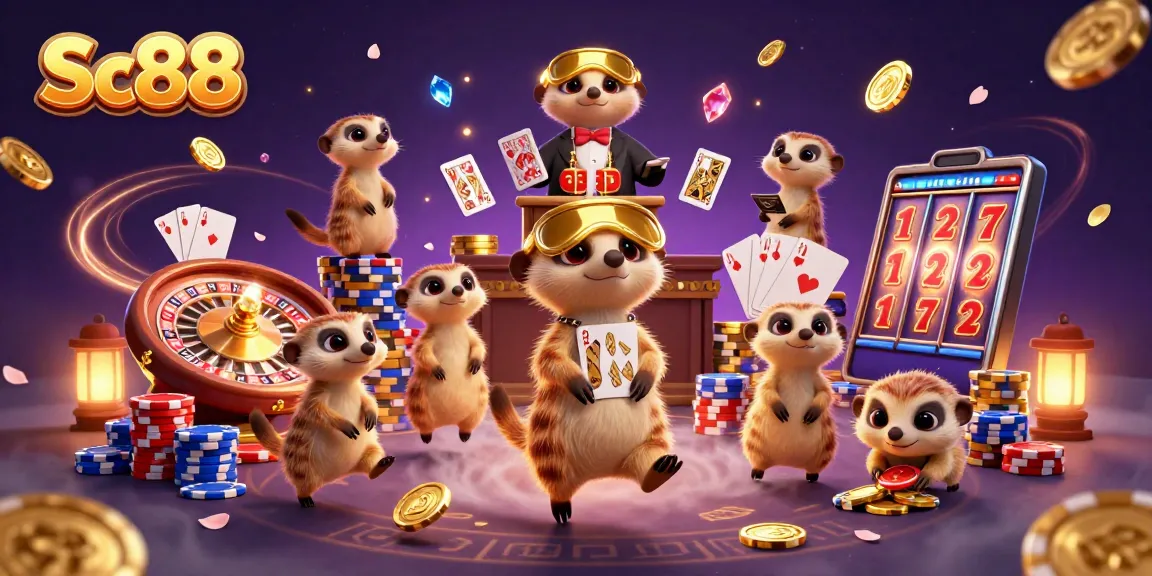 Experience the vibrant gaming world of Sc88 with meerkats in a lively casino scene.