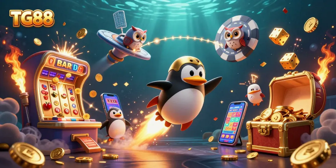 Experience the excitement of TG88 with our 3D illustration of a penguin soaring towards a casino station amidst dazzling jackpots and golden coins.