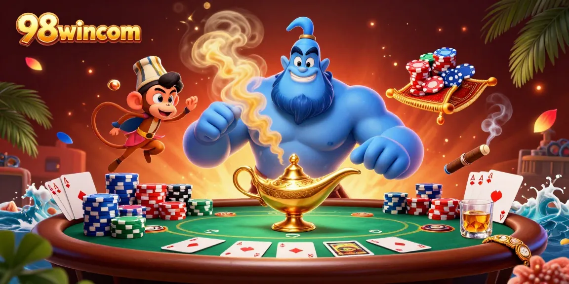 Engage with 98wincom's vibrant poker scene featuring a magic carpet and energetic characters.