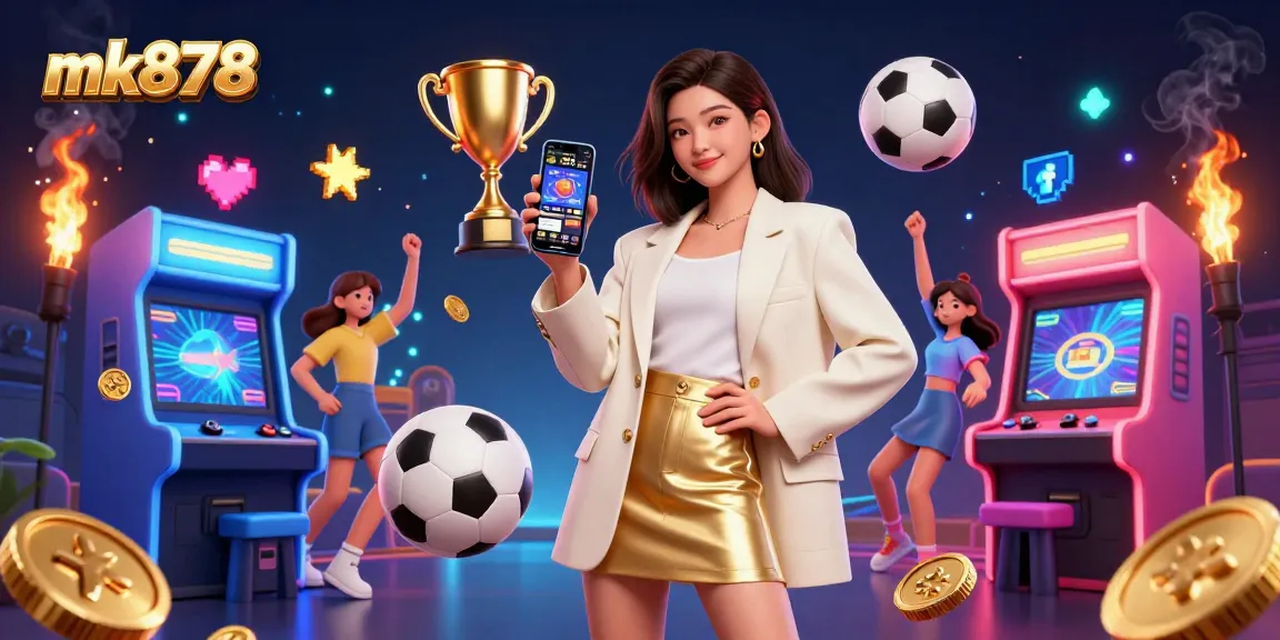 Engage with mk878's sports betting app, highlighted by a friendly Asian woman amidst dynamic casino elements.