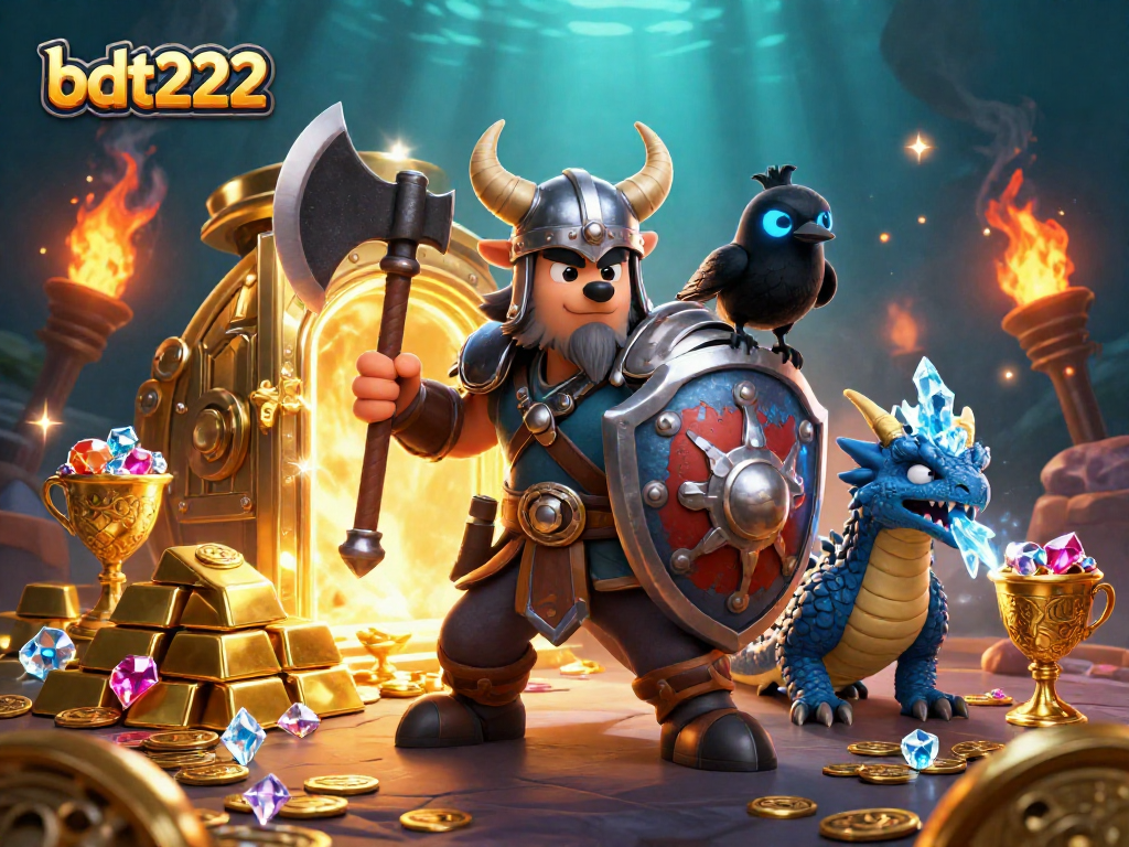 Engage with exhilarating bdt222 adventures featuring a Viking warrior and magical elements amid treasure.
