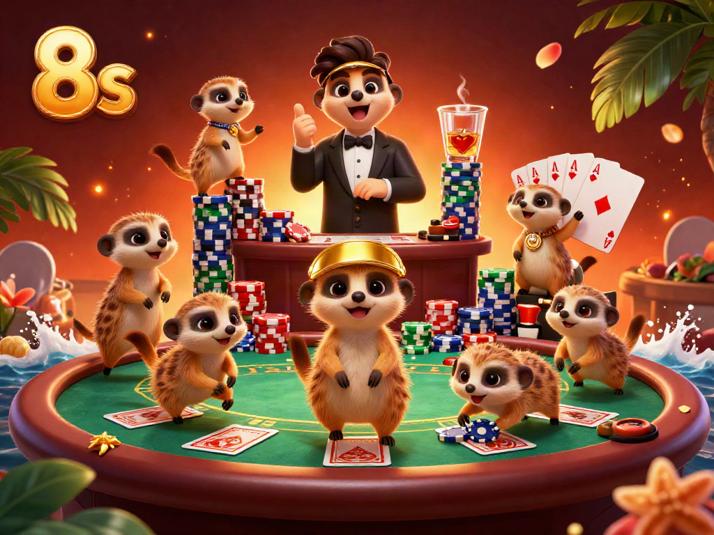Experience the colorful casino action at 8s, where meerkats deal cards and stack chips amidst a vibrant setting.