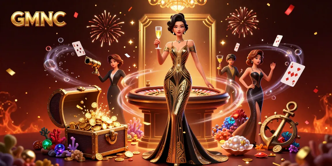Experience the GMNC casino excitement with a glamorous Asian woman celebrating wins in a vibrant atmosphere.