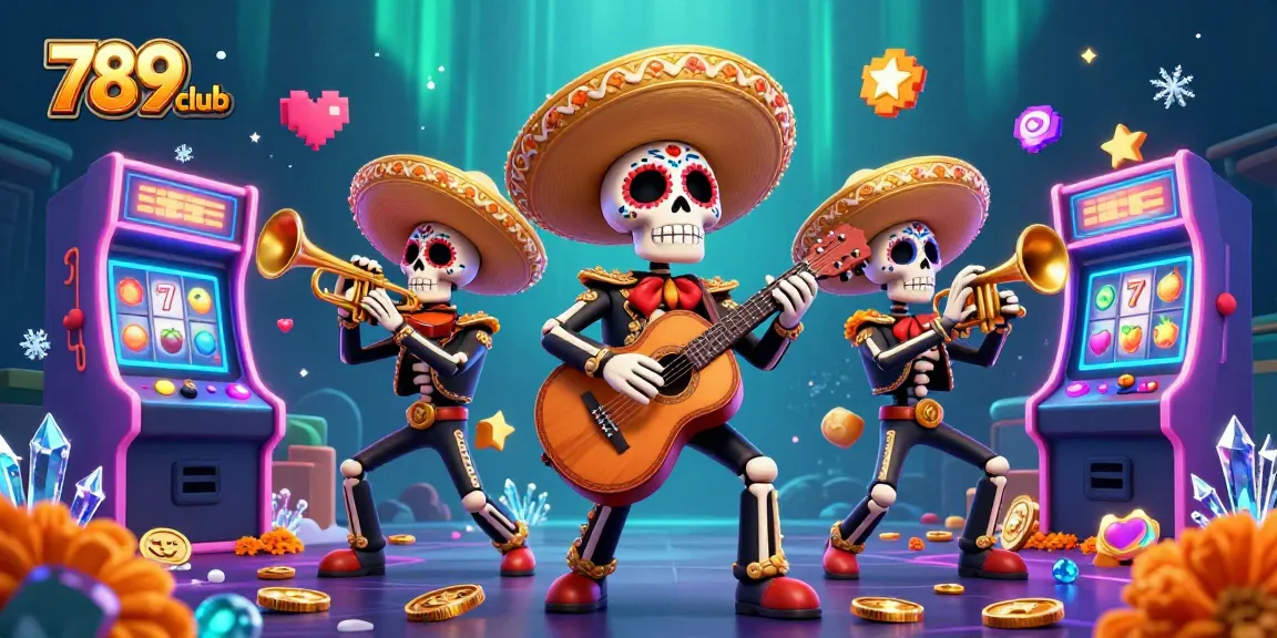Experience thrilling wins at 789club with our vibrant casino games and mariachi band illustration.