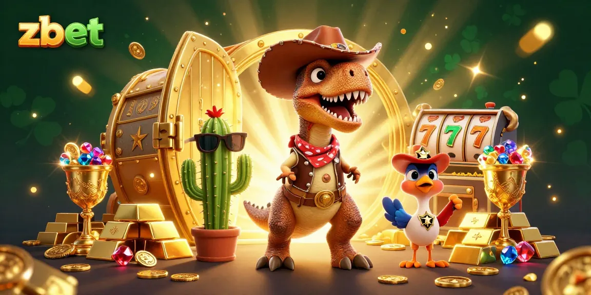 Experience thrilling gaming action with zbet, featuring a T-Rex cowboy and vibrant slot elements.