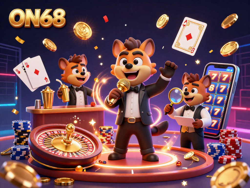 Experience winning moments at ON68 with hyenas in a casino scene mixing drinks and telling jokes.