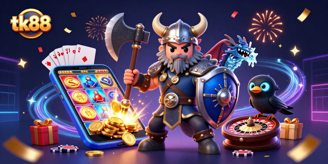 tk88 showcases a lively 3D casino scene with a Viking warrior, dragon, and glowing raven surrounded by colorful gambling elements.