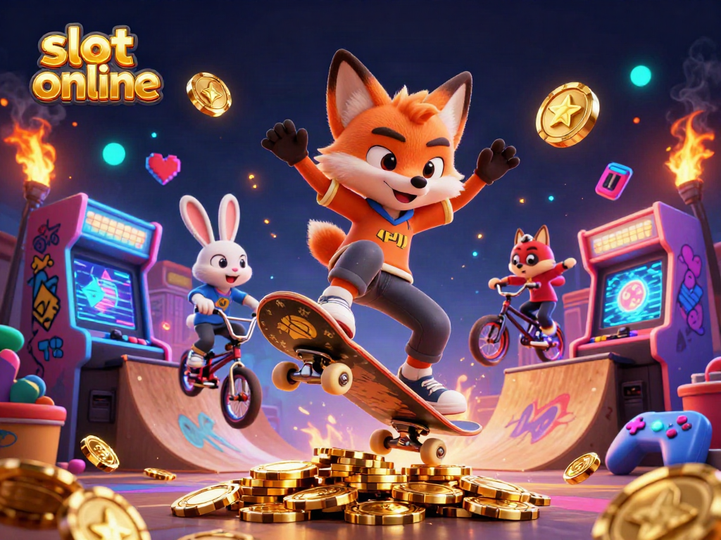Experience thrilling slot online action with a dynamic skateboarder fox and BMX rabbit in a vibrant casino scene.