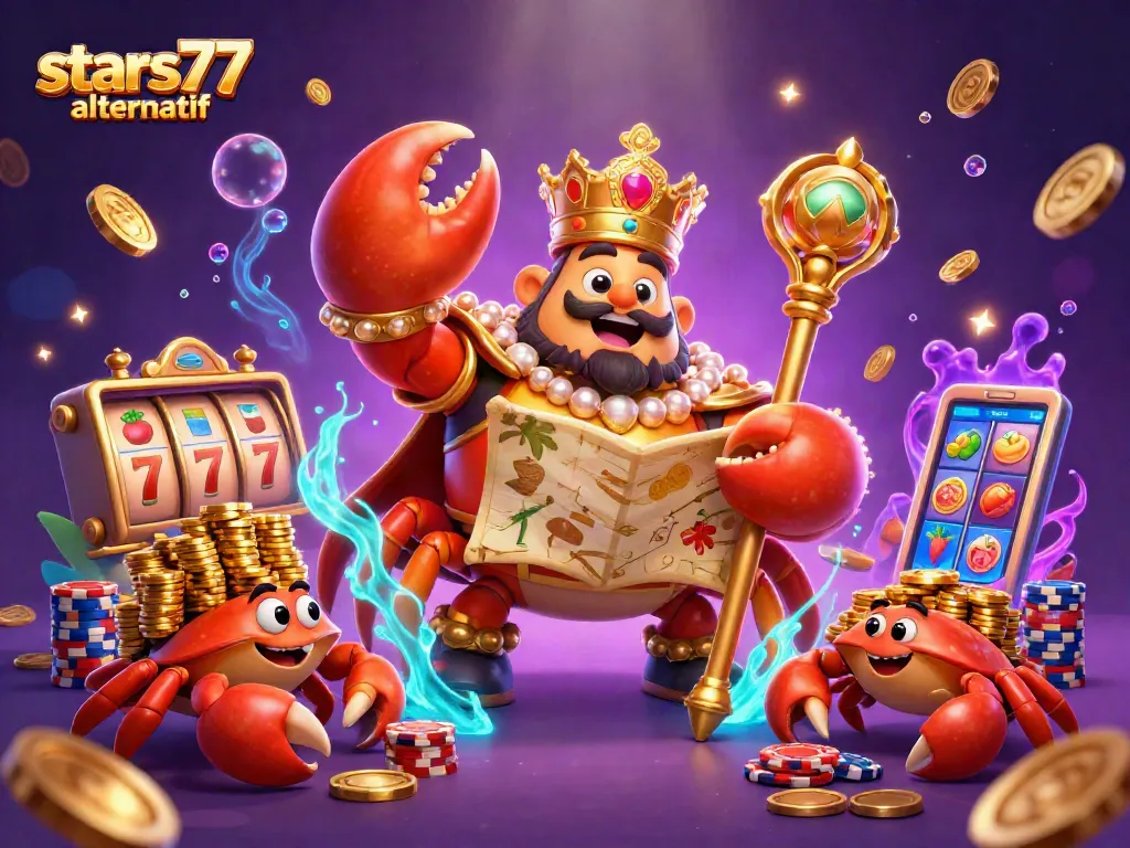 Permainan slot di stars77 alternatif dengan karakter kepiting emas dan tumpukan chip emas.