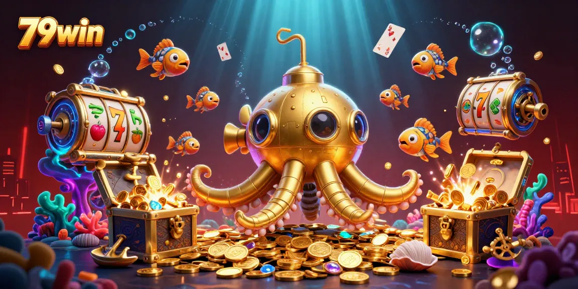 Engage with 79win's dynamic gaming world where a golden kraken submarine explores slot treasures.