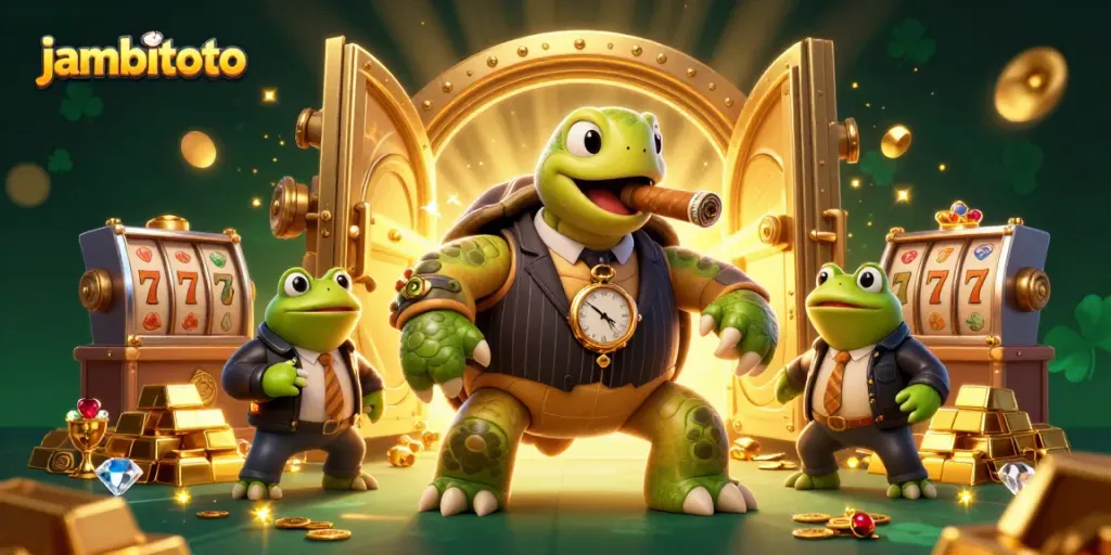 Engage with jambitoto's thrilling slots in a cartoon scene featuring a snapping turtle mobster and bullfrog enforcers.