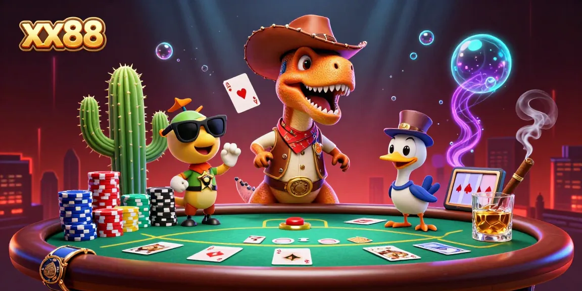 Join the action at xx88 with a vibrant 3D poker scene featuring a T-Rex and friends.