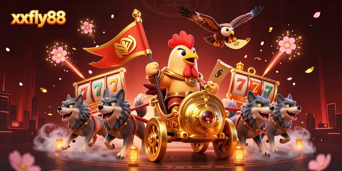 xxfly88 brings excitement with a lively scene of a rooster warlord and game symbols in action.
