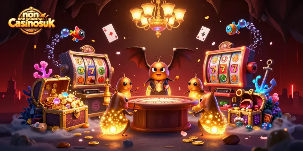 Experience the vibrant casino atmosphere at non-gamstop-casinosuk, featuring animated glowworms and bursting treasures.