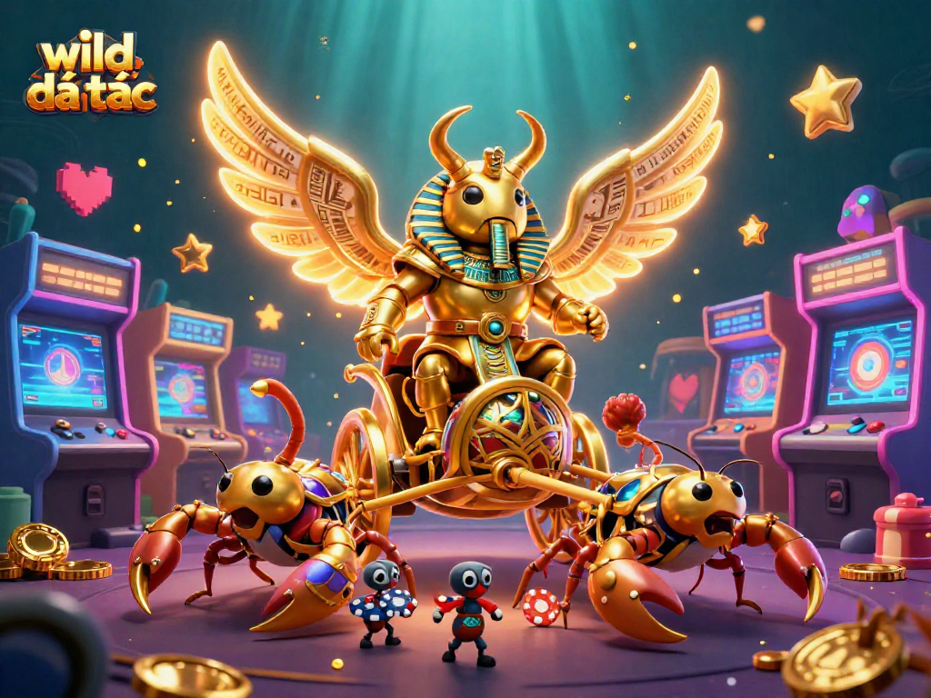 Play wild đạo tặc and win rewards as the vibrant golden beetle battles scorpions amidst a thrilling casino backdrop.