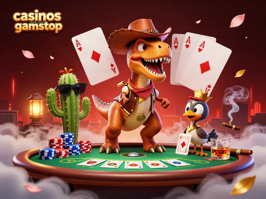 Engaging scene of casinos not on gamstop featuring a cowboy dinosaur, poker elements, and vibrant atmosphere.