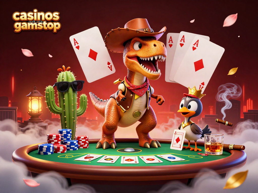 Engaging scene of casinos not on gamstop featuring a cowboy dinosaur, poker elements, and vibrant atmosphere.
