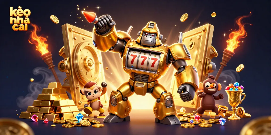 Experience kèo nhà cái with a dynamic golden gorilla mech surrounded by treasures and vibrant casino elements.