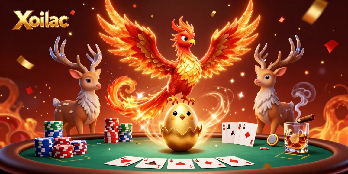 Xoilac showcases a vibrant 3D scene with a phoenix and poker elements for dynamic gambling engagement.