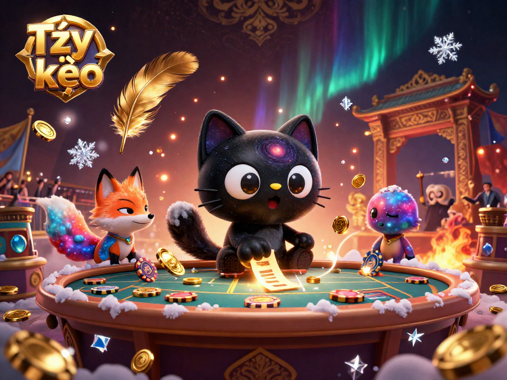 Tỷ lệ kèo showcases vibrant cosmic sports betting action with a black hole cat and gas cloud fox in a dynamic casino.