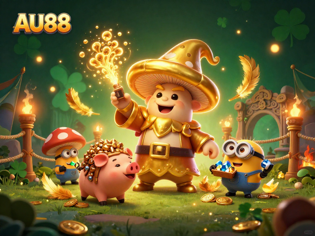 Bet on AU88 with magical characters in an enchanting casino setting filled with treasures.